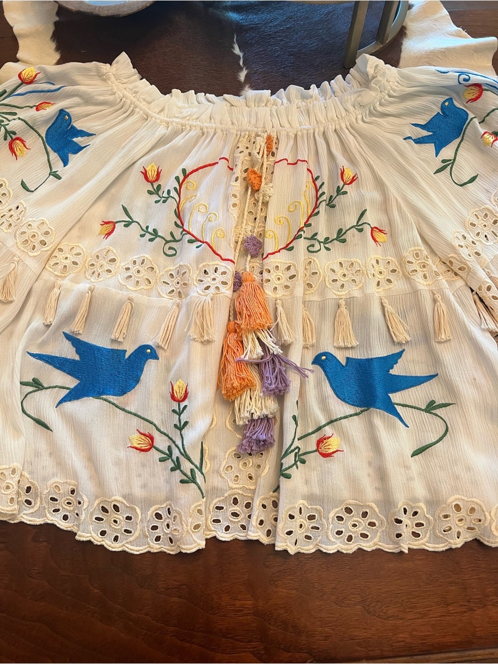 Fillyboo Embroidered Boho Peasant Top with Blue Bird Motif